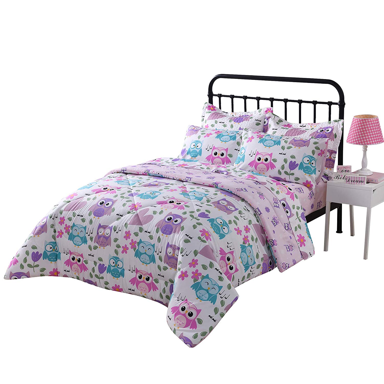 5/7 Piece Kids Owl Comforter Set, Girls Bedding for Twin Full Beds