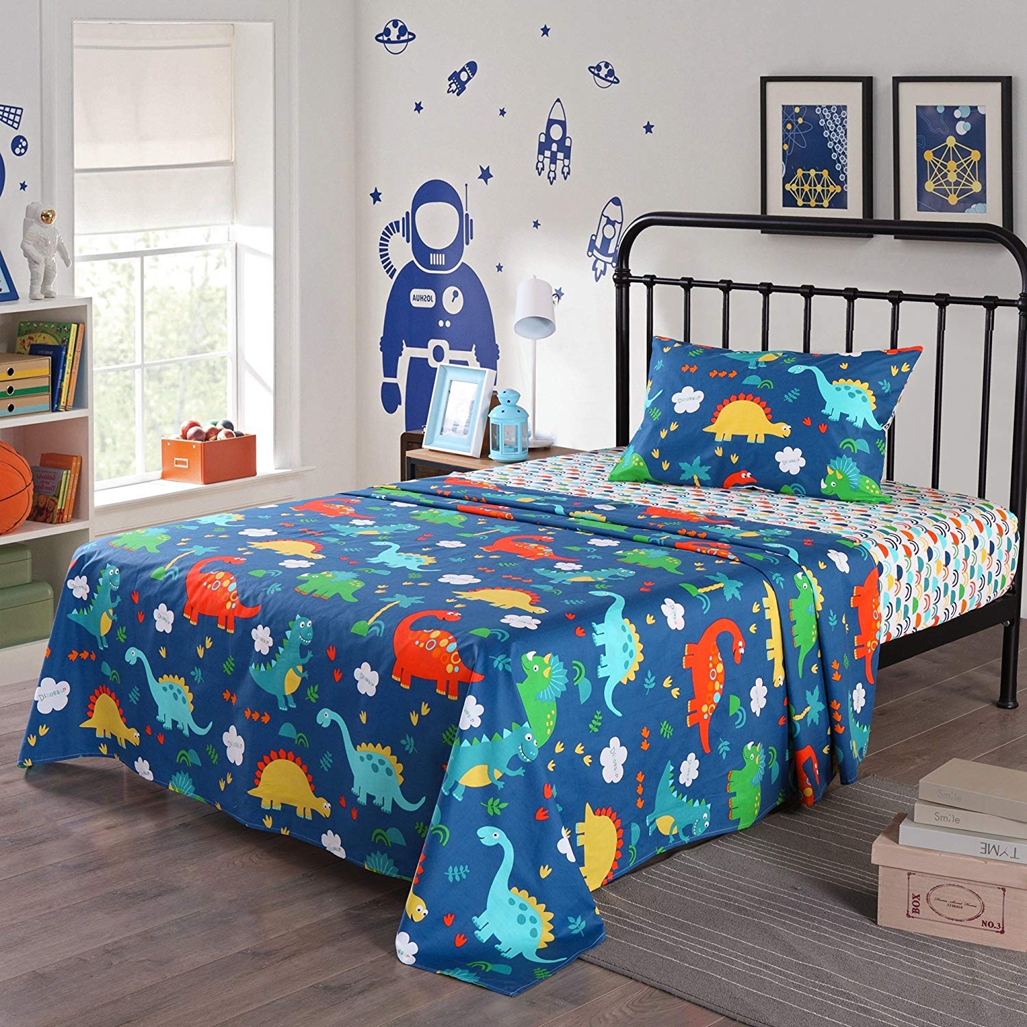 3/4 Piece Kids Dinosaur Sheet Set, 100% Cotton Soft Breathable Bedding