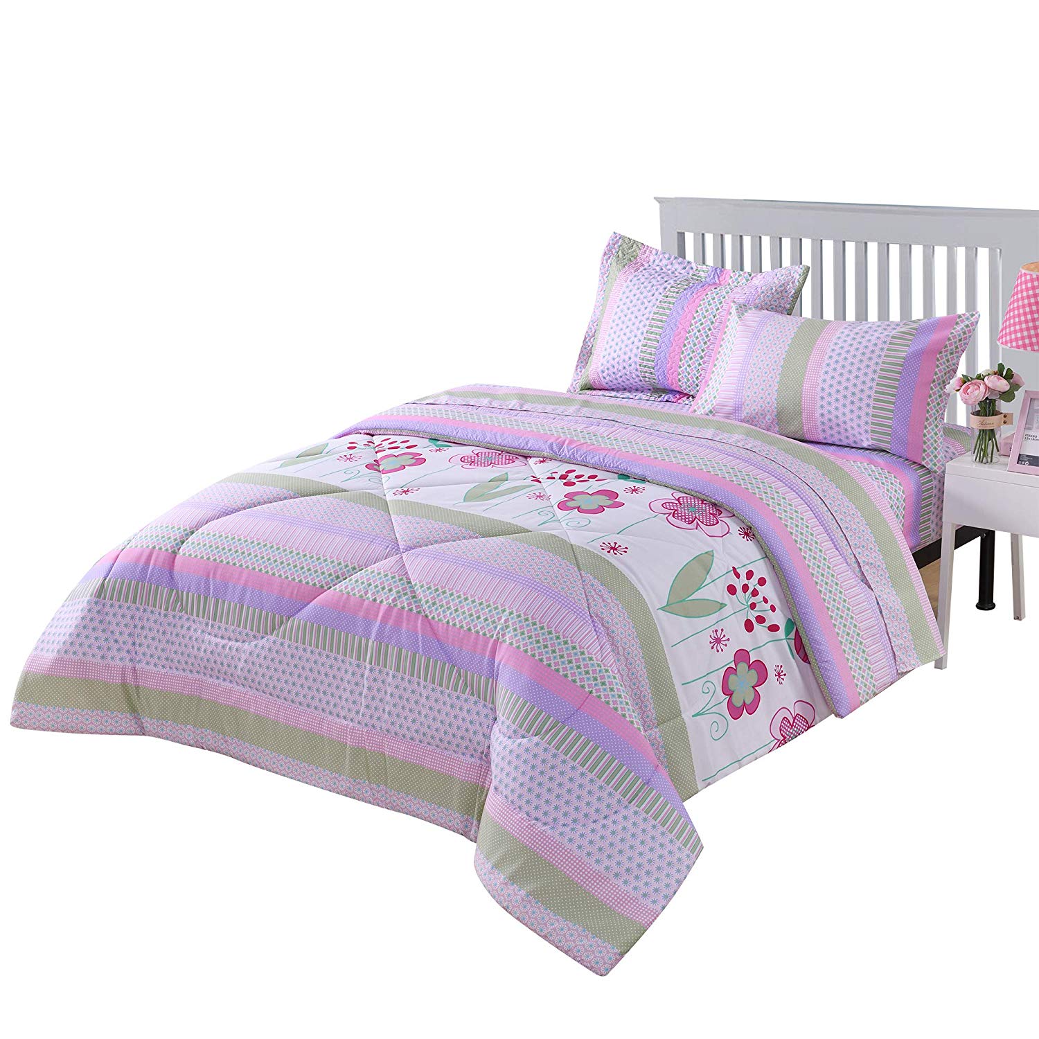 Kids Comforter Set Girls Comforter Set Kids Bedding Set Include Sheet Set Bunk Beds for Kids Twin/Full, Purple Floral