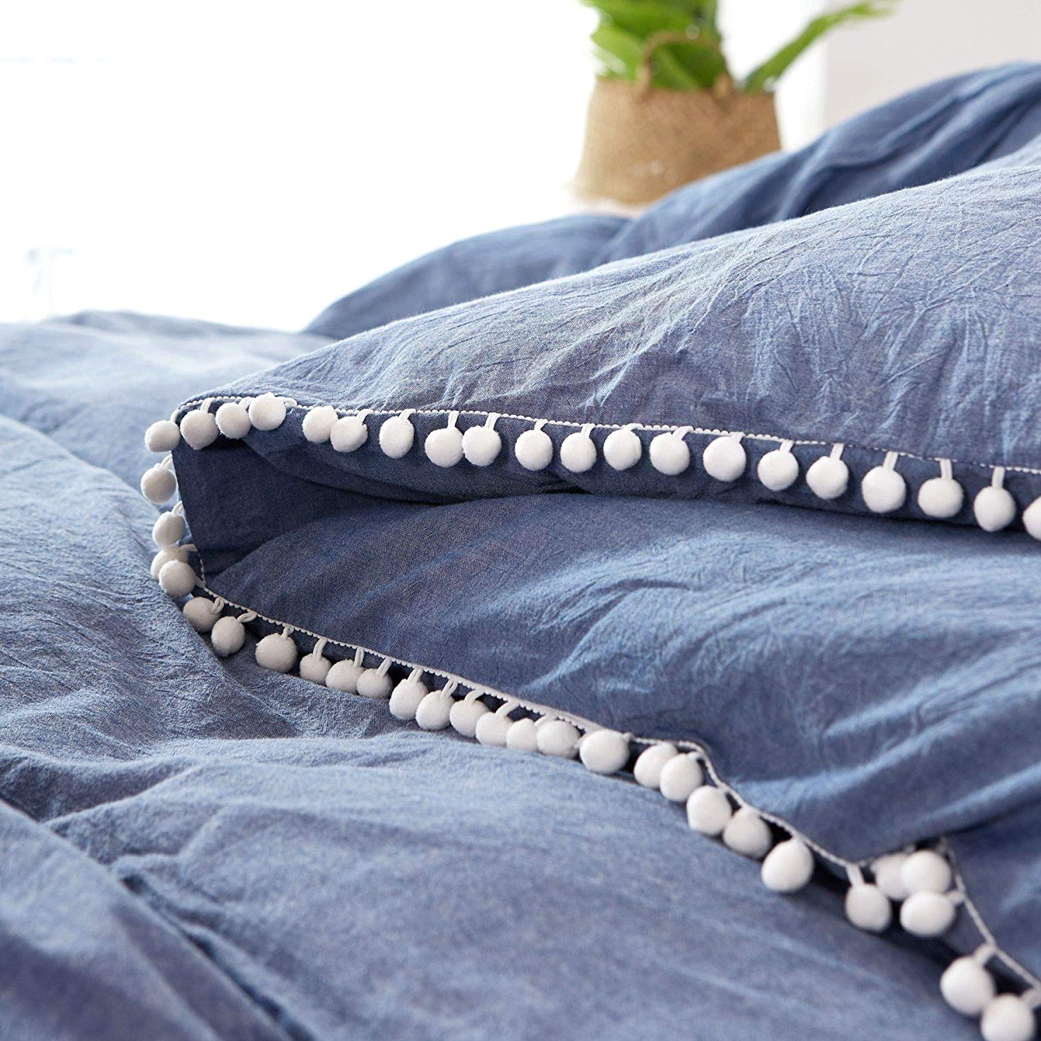 3 Piece 100% Cotton Duvet Cover Set, Pompom Soft Breathable Bedding