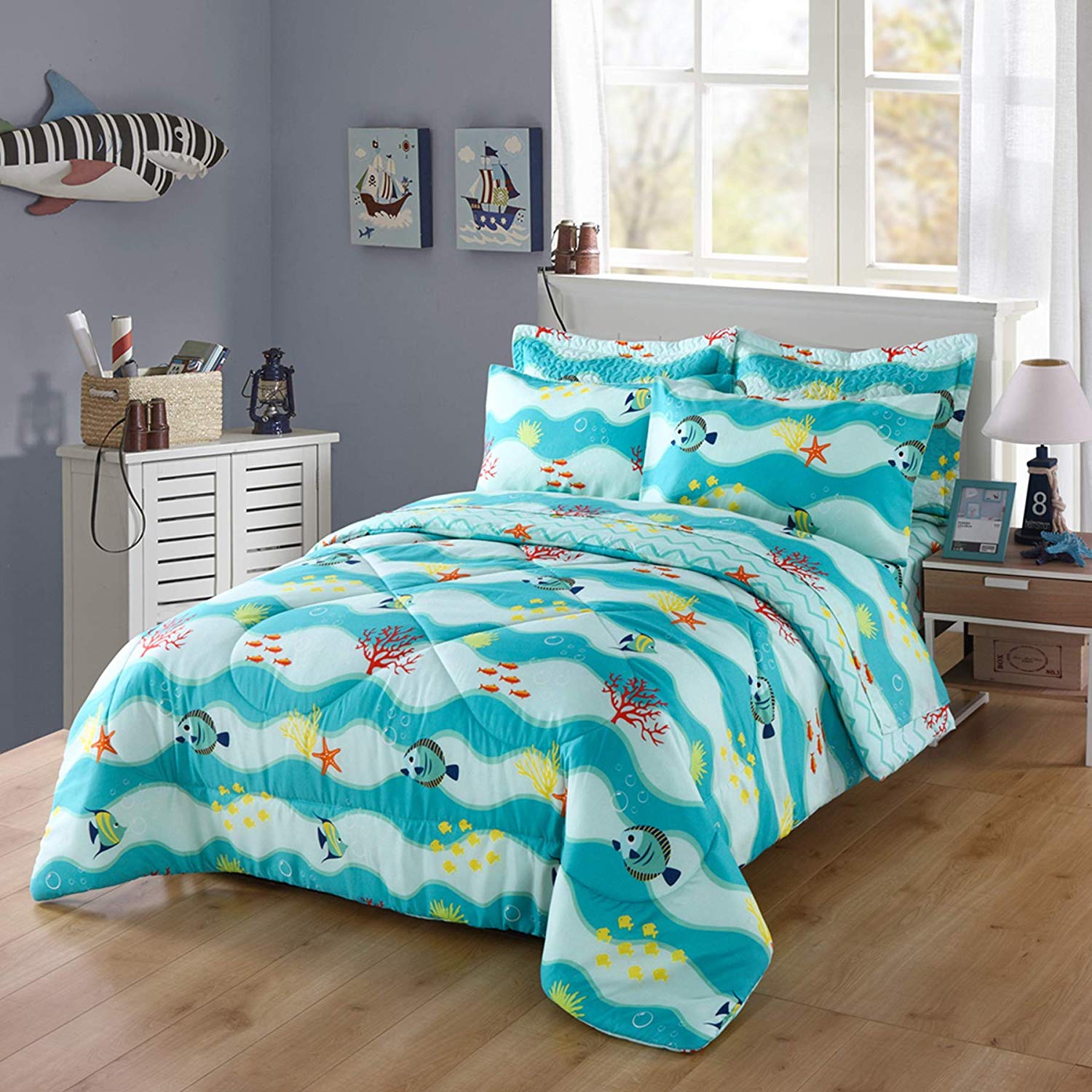 5/7 Piece Kids Ocean Comforter Set, Sea Life Bedding Set All Season 277