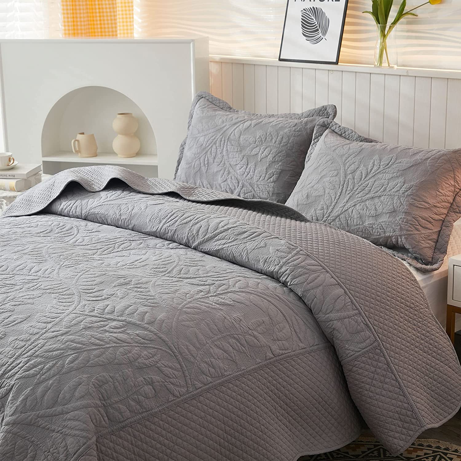 3 Piece 100% Cotton Quilt Set, Oversized Quilted Bedspread T