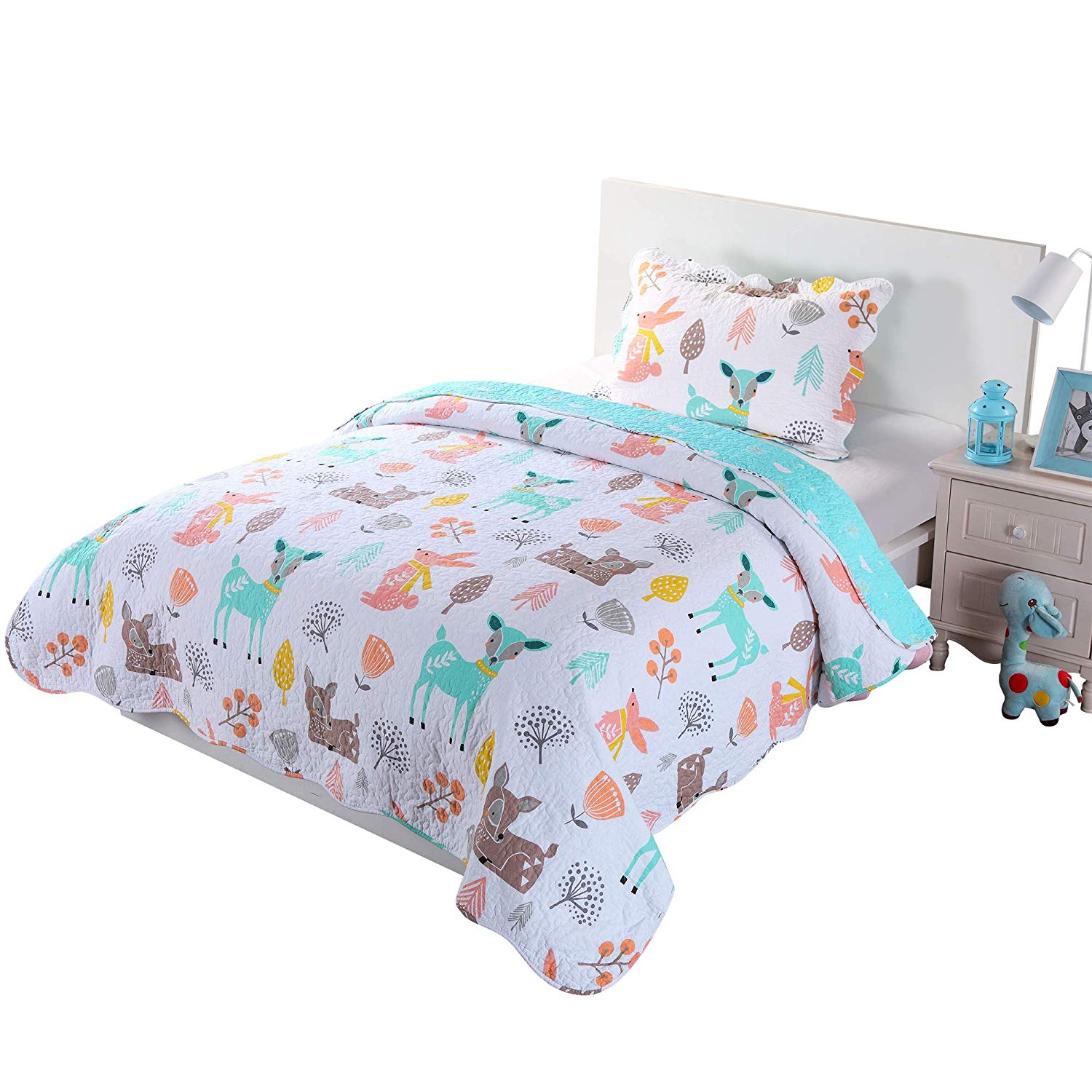 100% Cotton 2/3 Pcs Kids Quilt Bedspread Comforter Set for Teens Girls Teal Blue Forest Deer, XL1804
