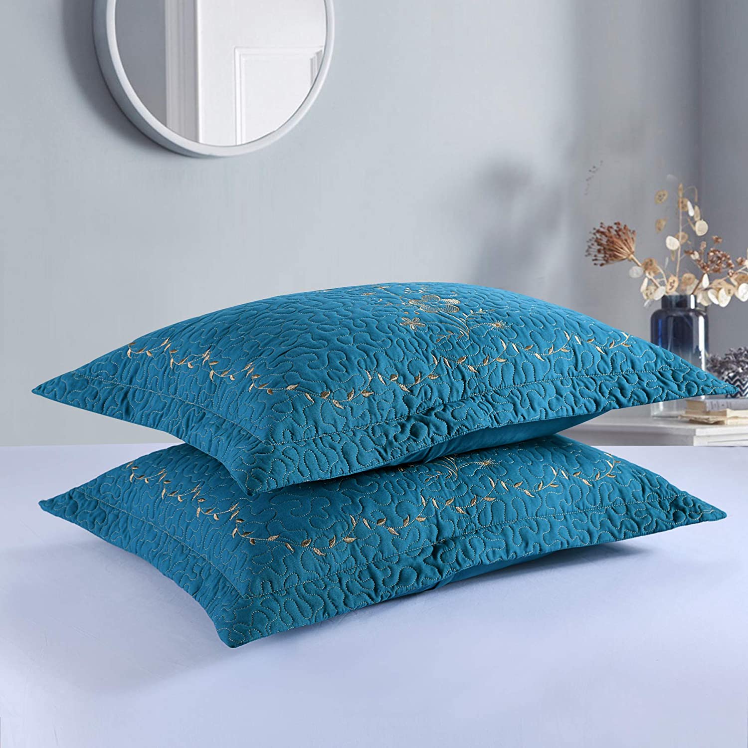 2 Pack Embroidered Pillow Shams – Standard Queen King Euro Decorative Pillow Covers with Hidden Zipper