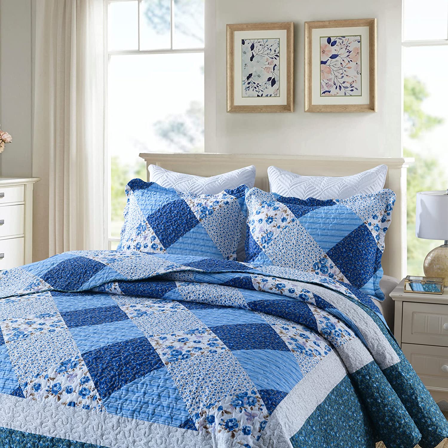 Blue Floral Quilted Pillow Sham Microfiber Pillow Shams