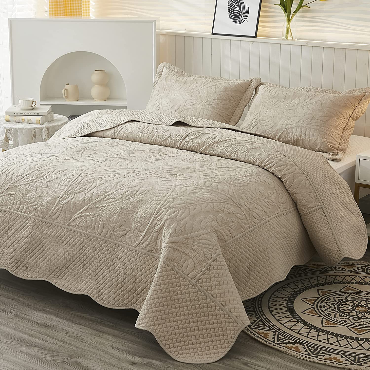 3-Piece 100% Cotton Oversized Bedspread Set Coverlet Set Lightweight Quilt Set Embroidery Farmhouse Bedding Set T