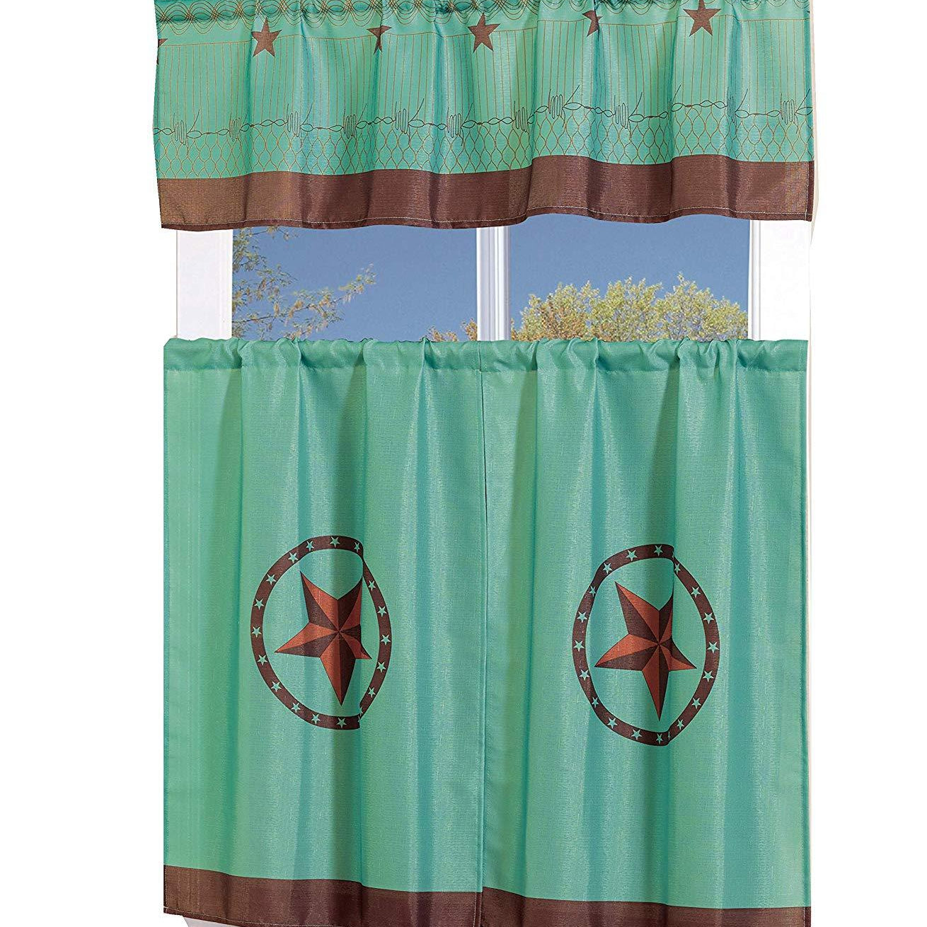3 Piece Western Texas Star Kitchen Café Curtain Set, Valance & Tier Rod Pocket