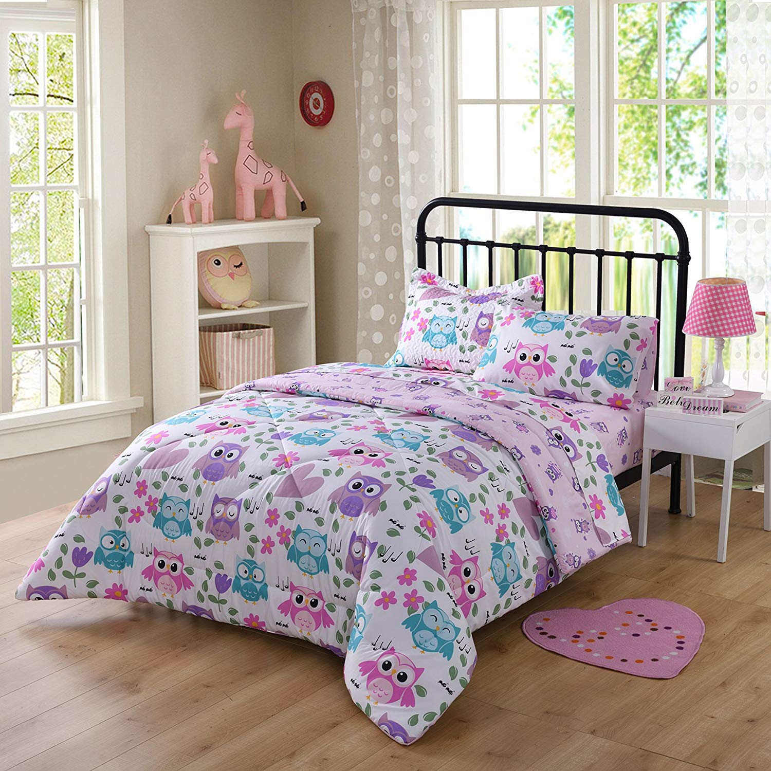 5/7 Piece Kids Owl Comforter Set, Girls Bedding for Twin Full Beds