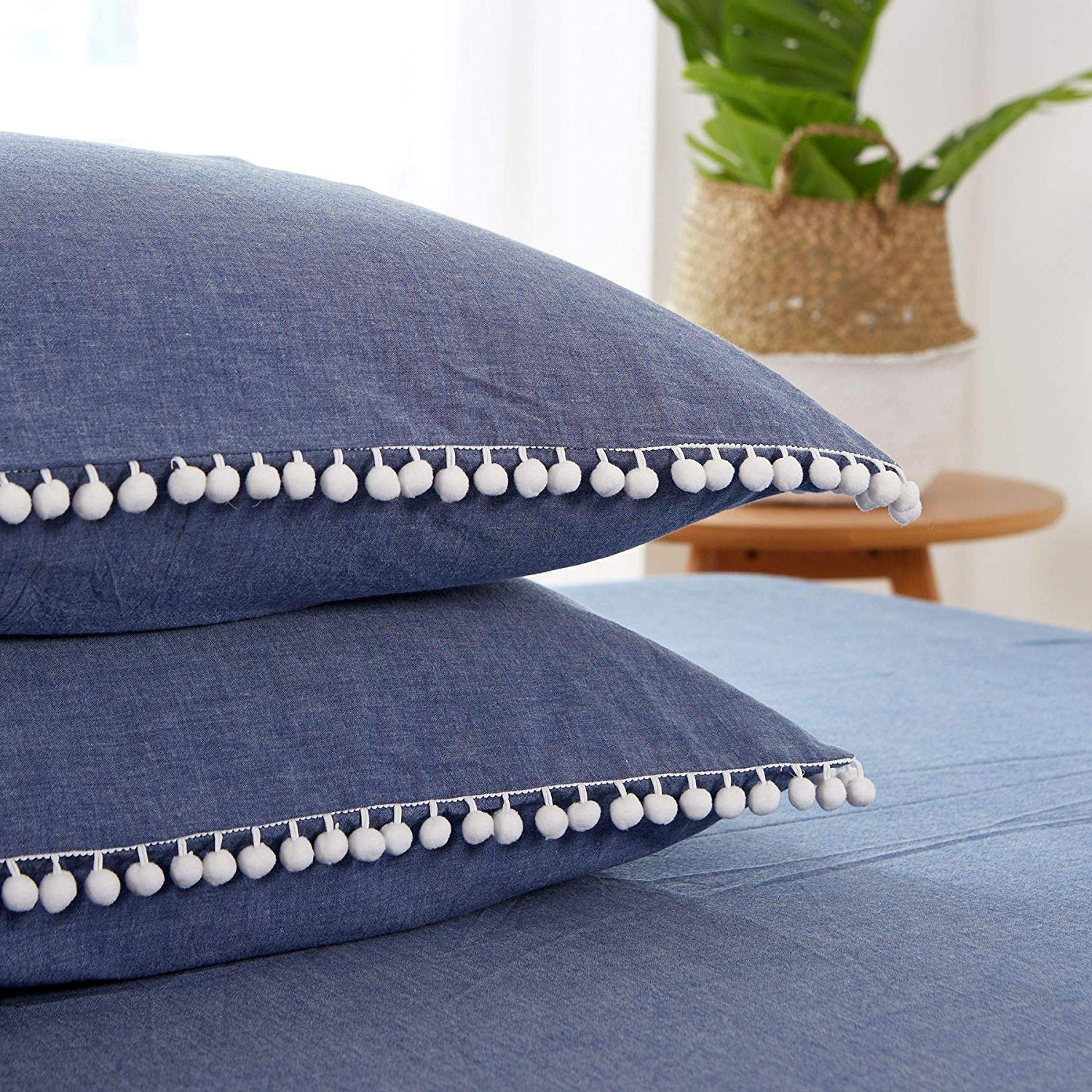 3 Piece 100% Cotton Duvet Cover Set, Pompom Soft Breathable Bedding