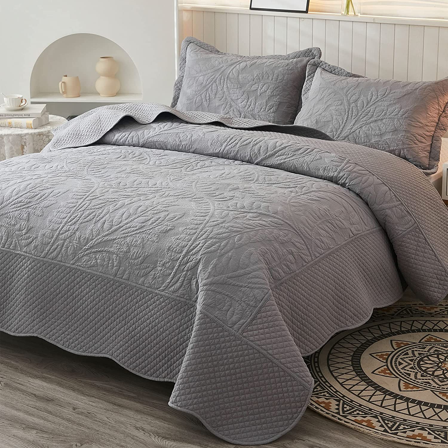 3 Piece 100% Cotton Quilt Set, Oversized Quilted Bedspread T