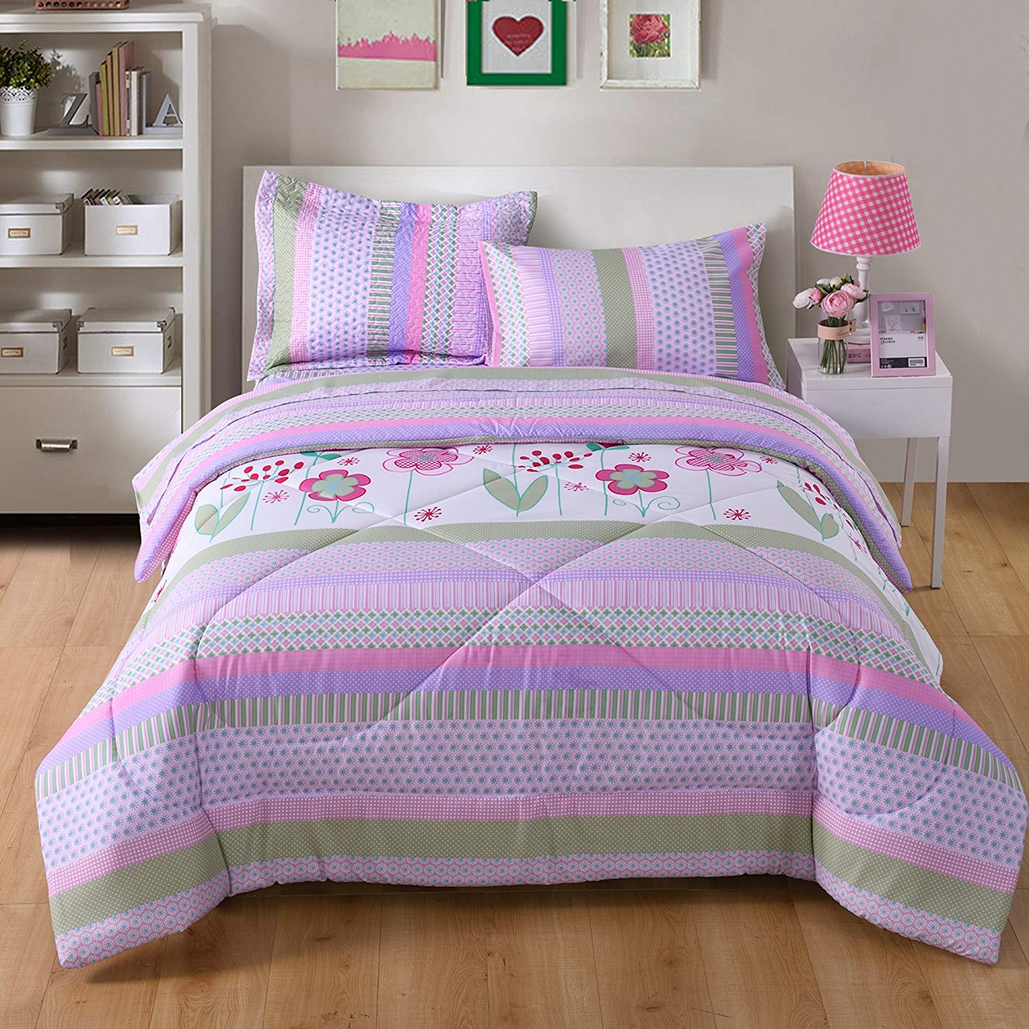 Kids Comforter Set Girls Comforter Set Kids Bedding Set Include Sheet Set Bunk Beds for Kids Twin/Full, Purple Floral