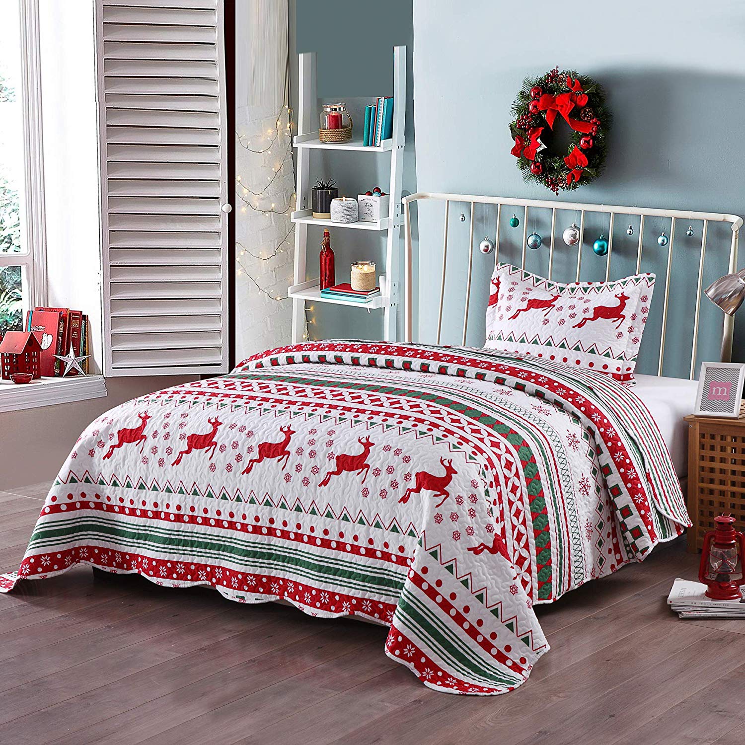 2/3 Pcs Christmas Quilt Set Bedspread Throw Blanket Snowflake