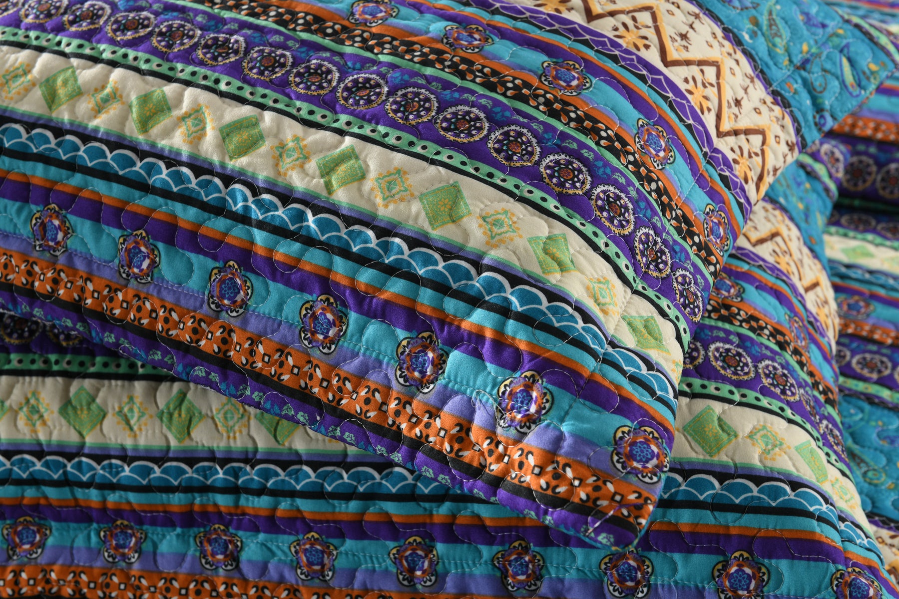 3 Piece Boho Quilt Set, Tribal Striped Bedspread Lightweight BY011