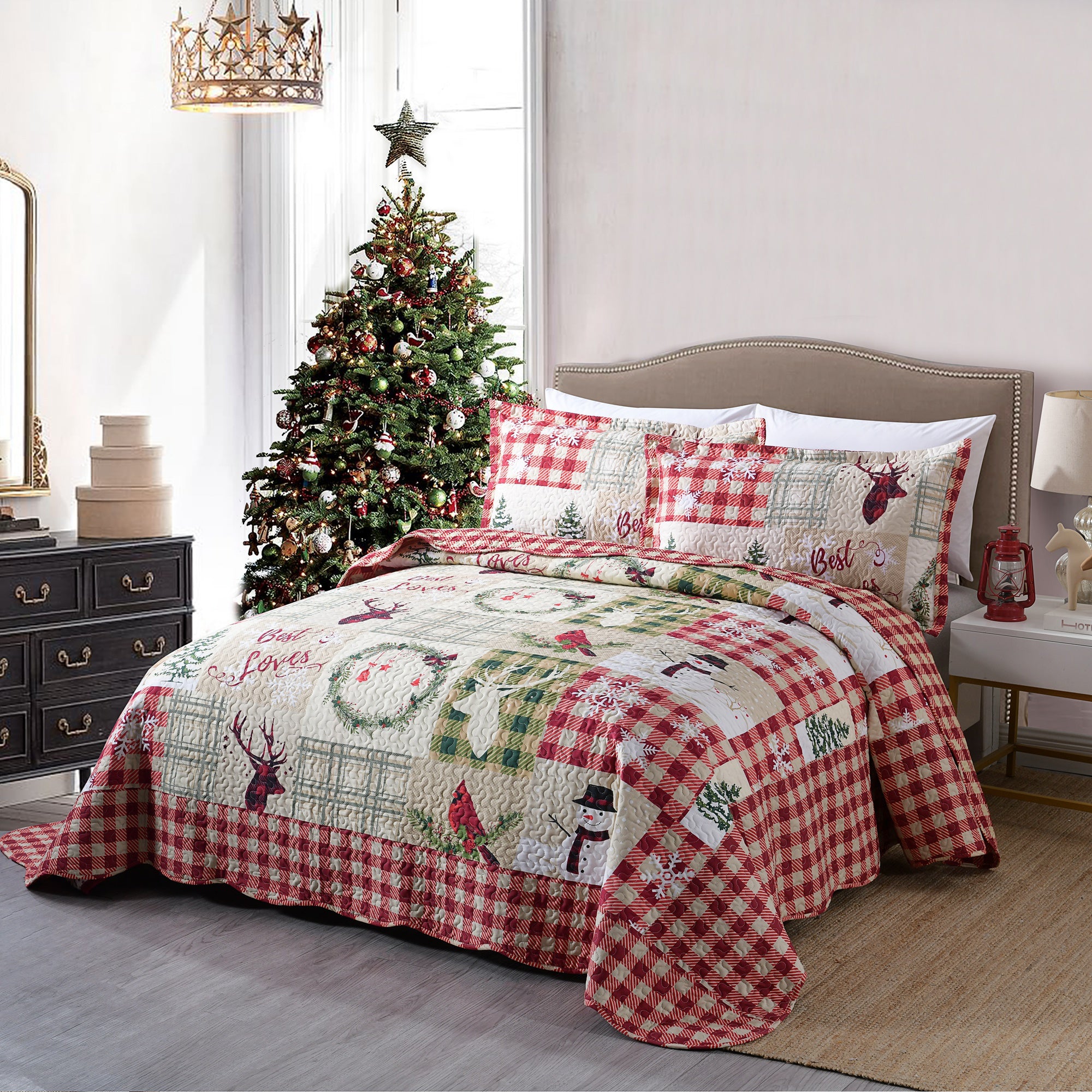 3 Piece Christmas Snowman Reversible Quilt Set Lightweight Holiday Bedspread B009
