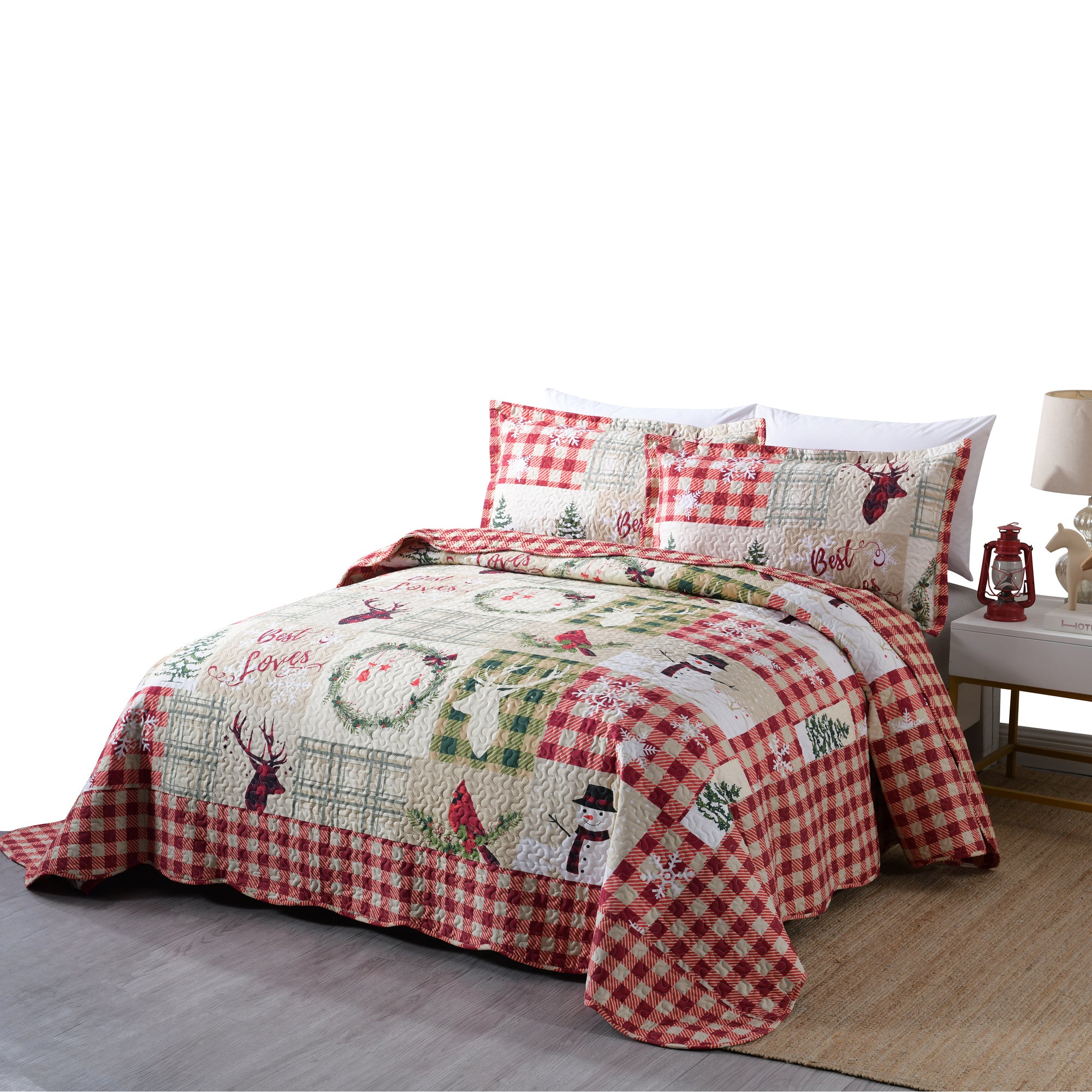 3 Piece Christmas Patchwork Quilt Set Reversible Snowman Deer Holiday Bedspread B009