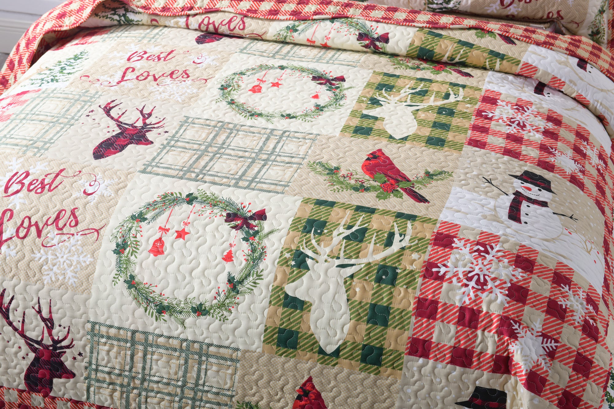 3 Piece Christmas Patchwork Quilt Set Reversible Snowman Deer Holiday Bedspread B009