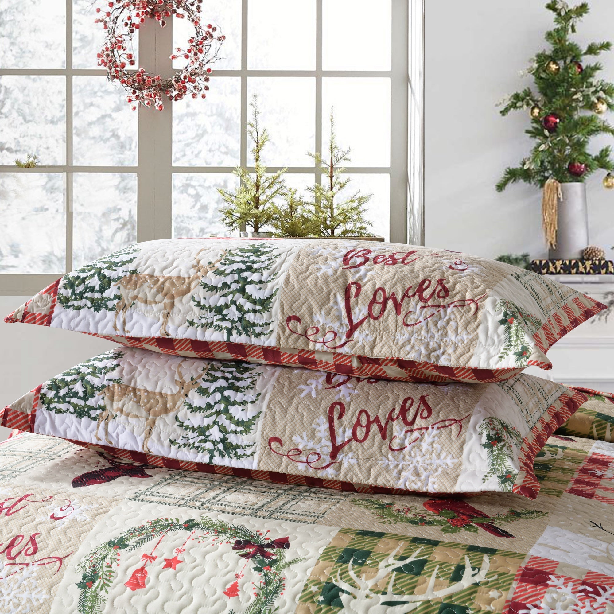 3 Piece Christmas Patchwork Quilt Set Reversible Snowman Deer Holiday Bedspread B009