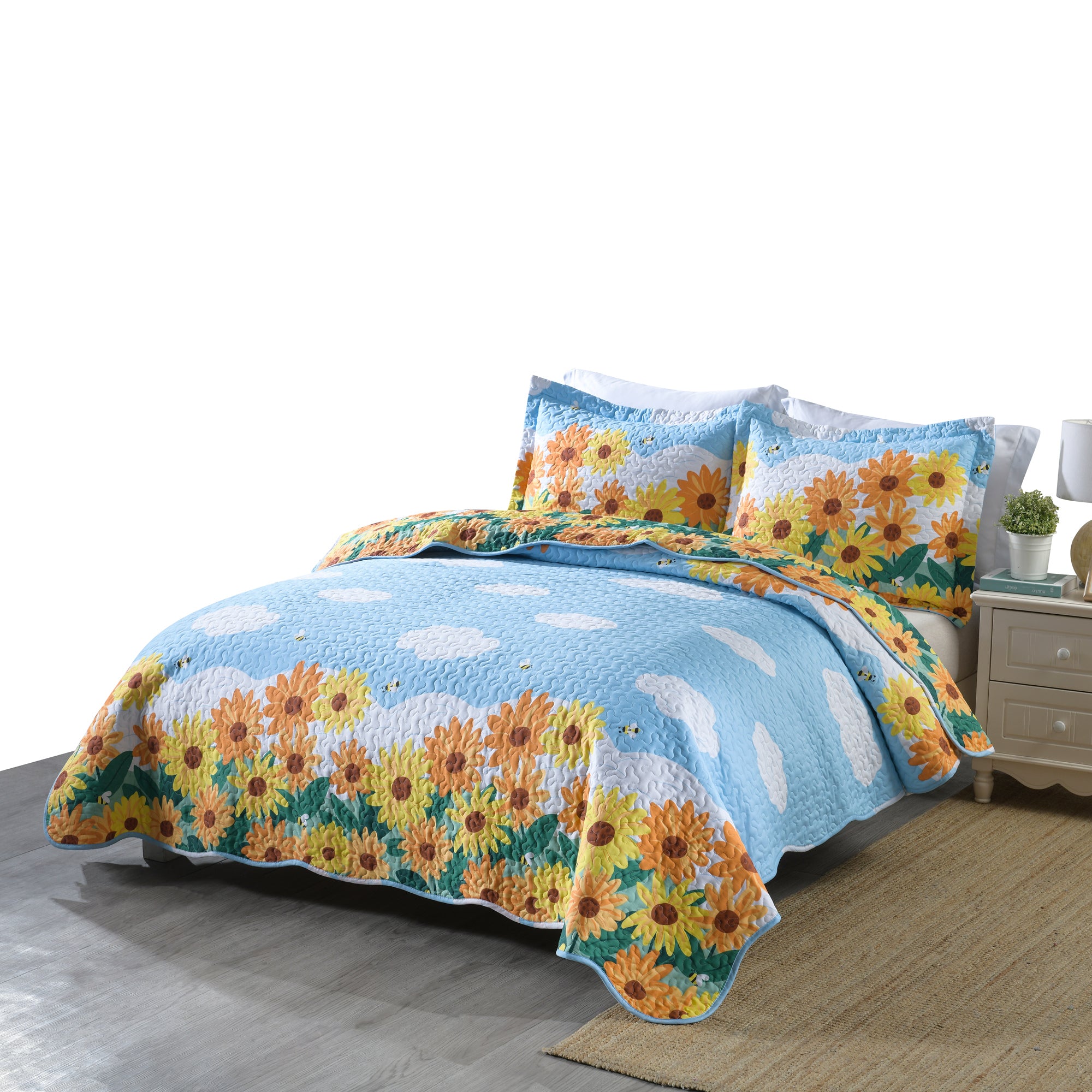 3 Piece Kids Sunflower Quilt Set – 100% Cotton Lightweight Floral Bedspread for Girls Teens