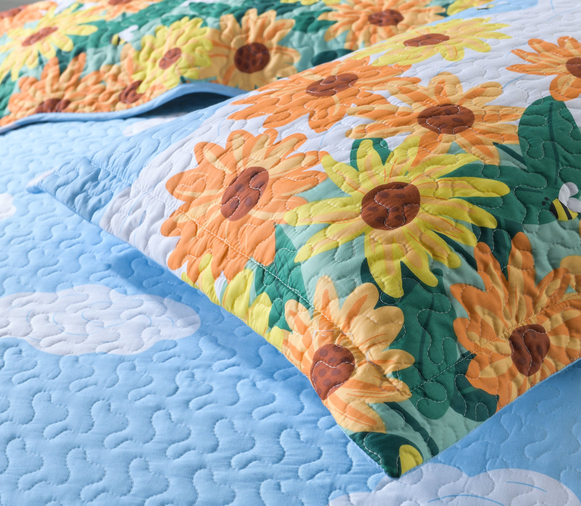 3 Piece Kids Sunflower Quilt Set – 100% Cotton Lightweight Floral Bedspread for Girls Teens