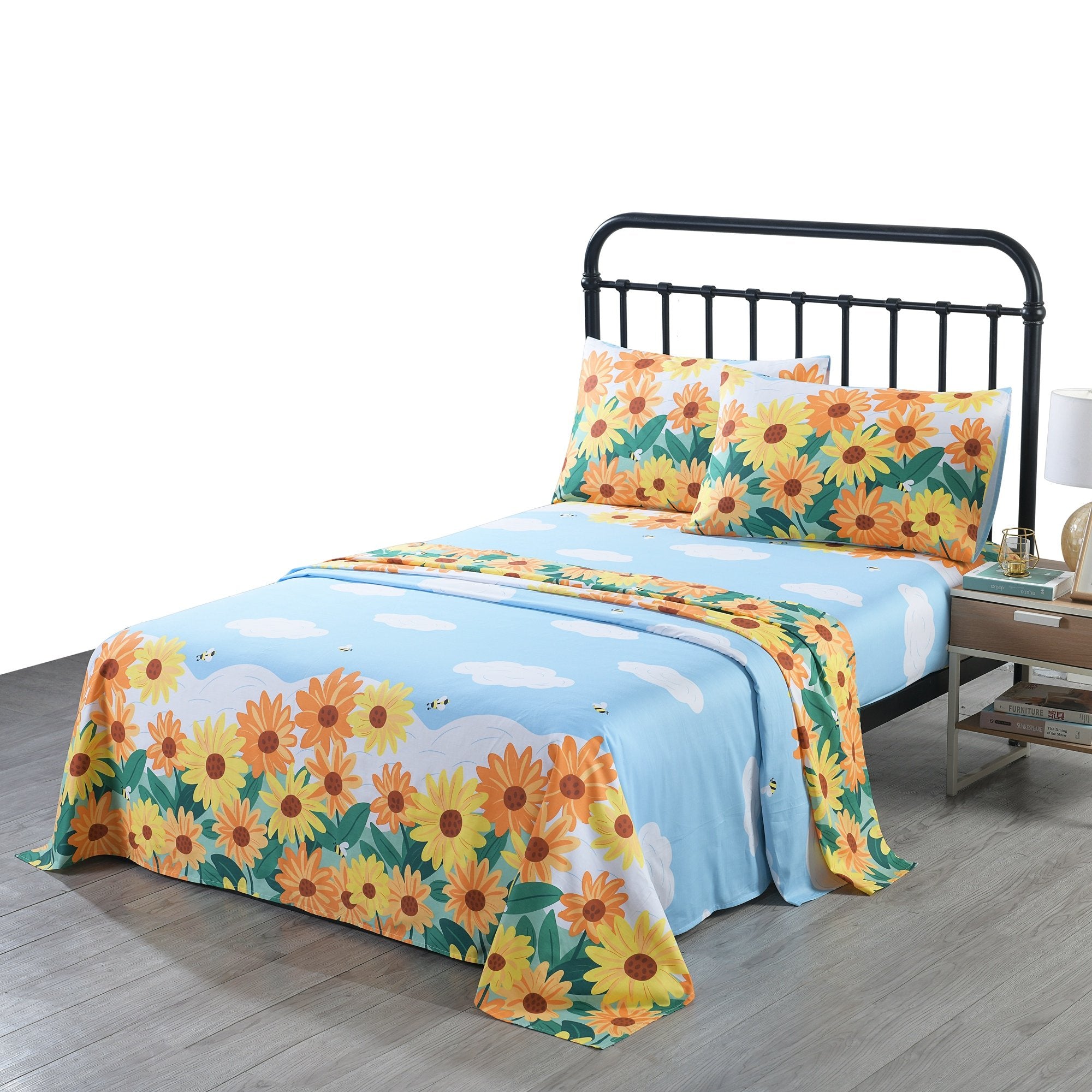 3/4 Piece Kids 100% Cotton Sunflower Bed Sheet Set for Boys Girls Teens