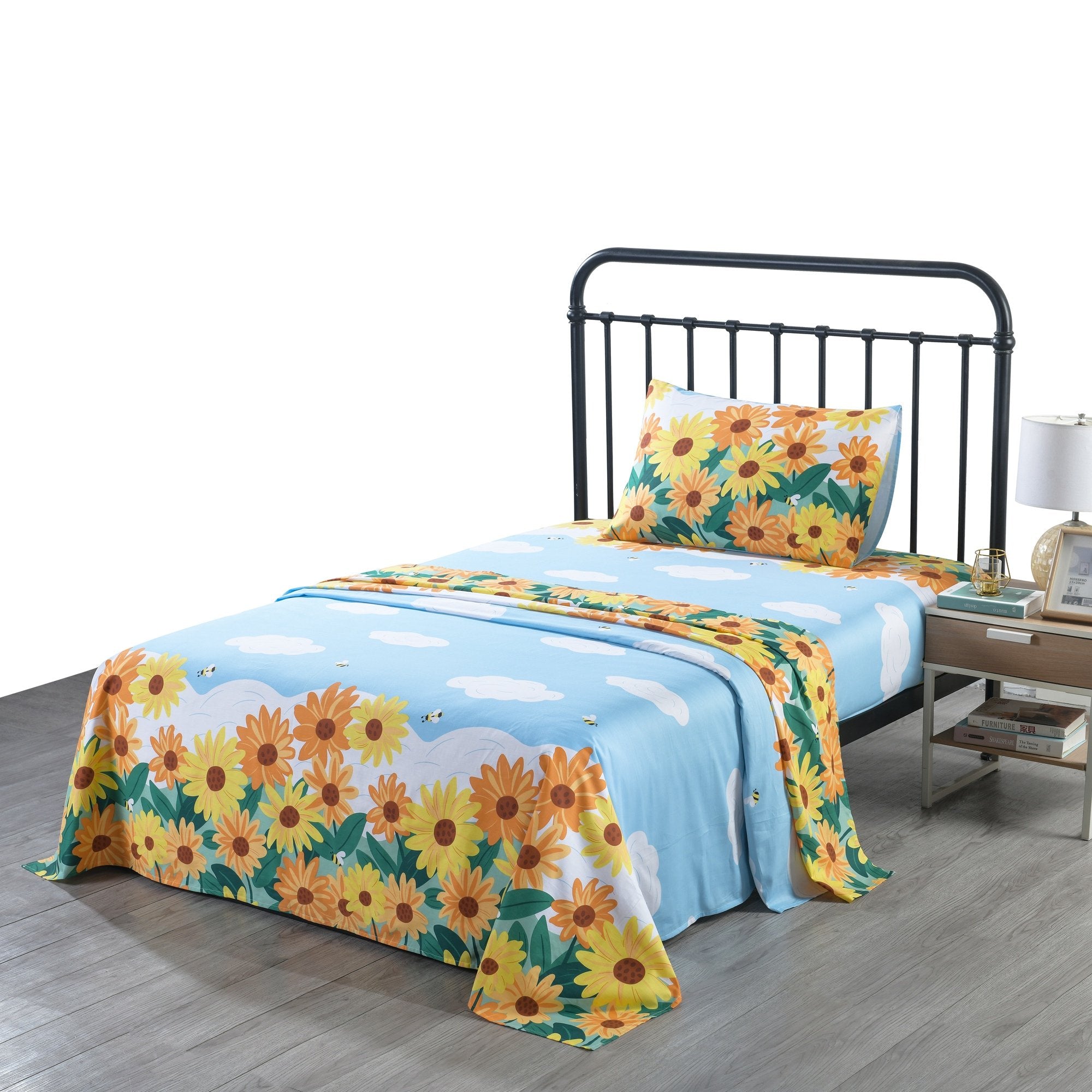 3/4 Piece Kids 100% Cotton Sunflower Bed Sheet Set for Boys Girls Teens