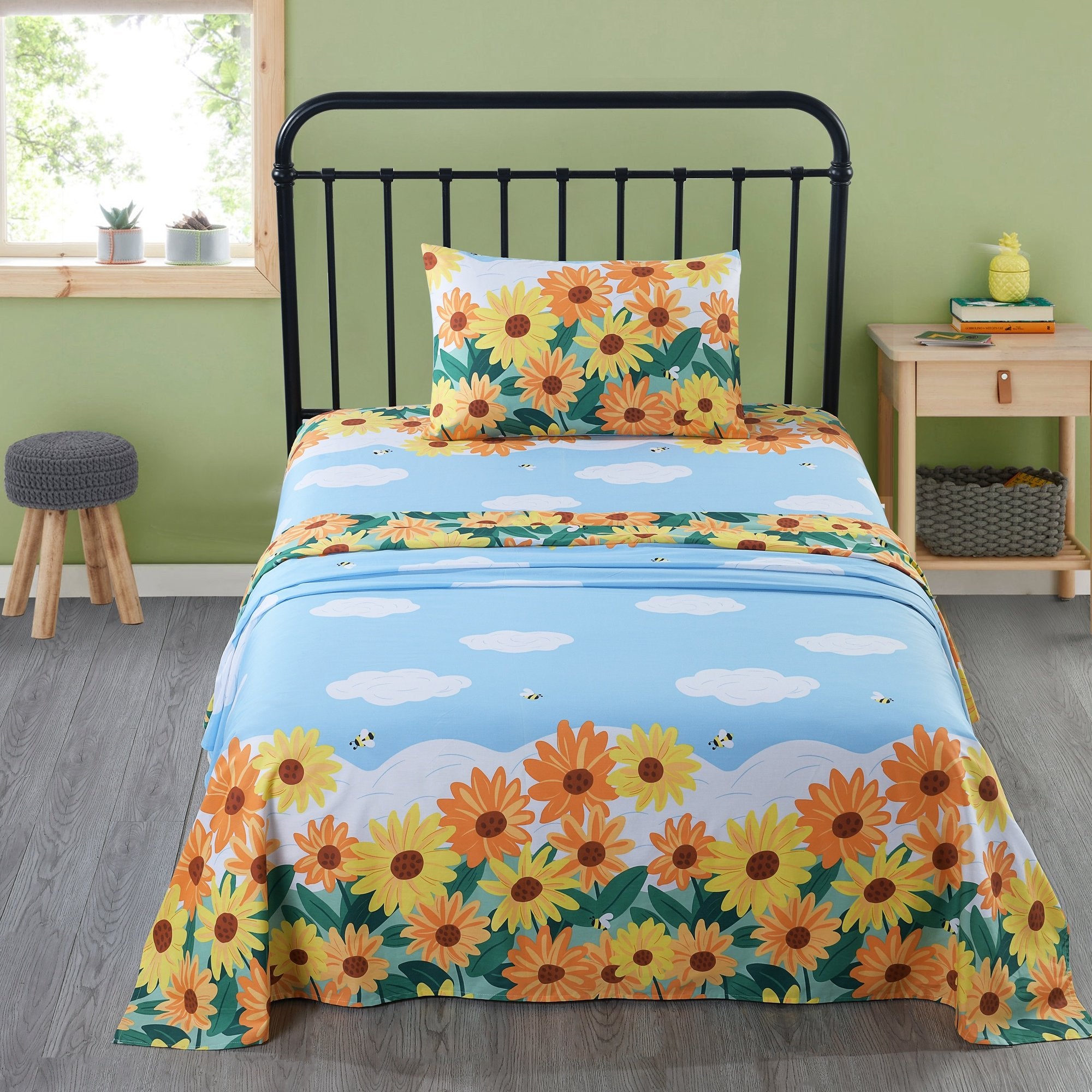 3/4 Piece Kids 100% Cotton Sunflower Bed Sheet Set for Boys Girls Teens