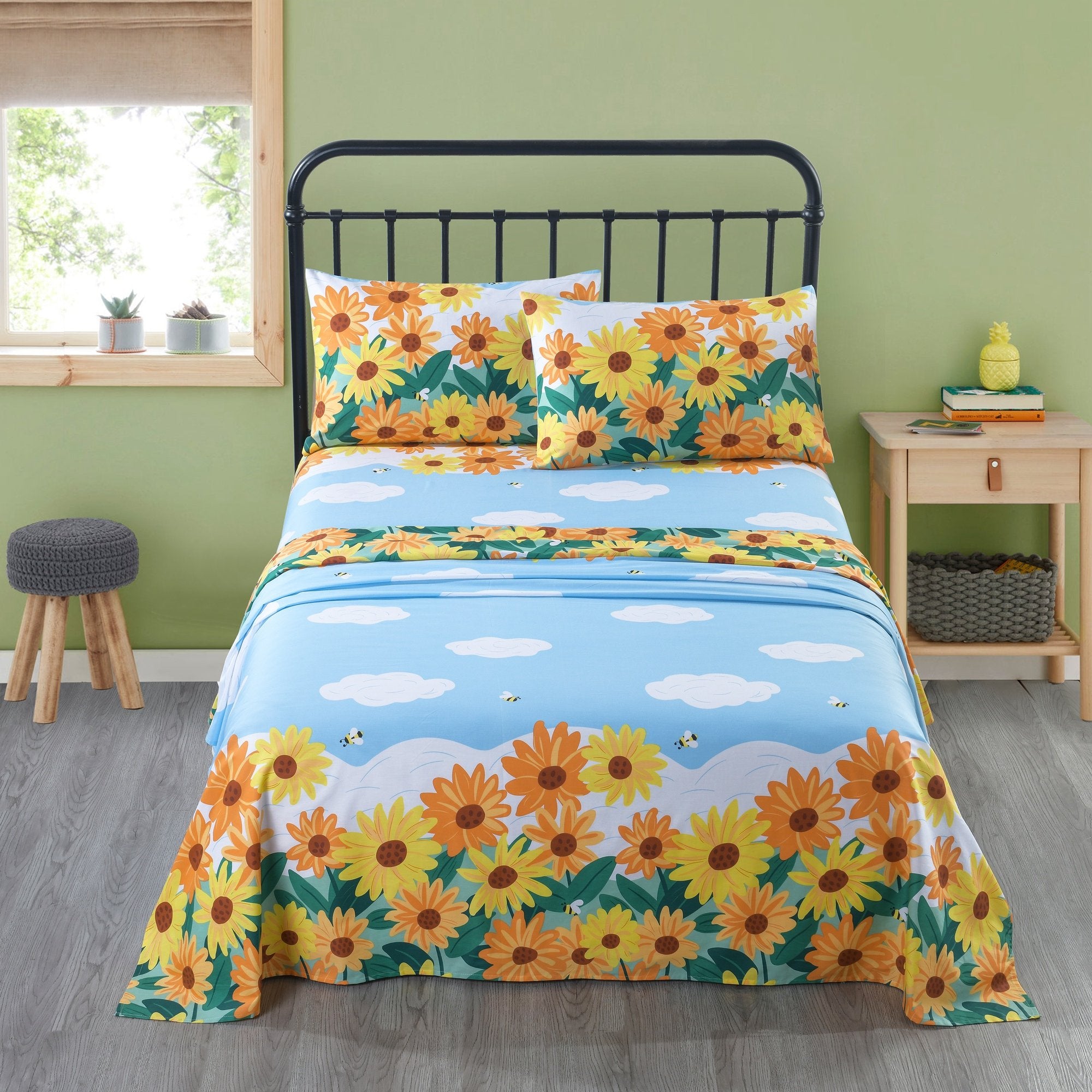 3/4 Piece Kids 100% Cotton Sunflower Bed Sheet Set for Boys Girls Teens