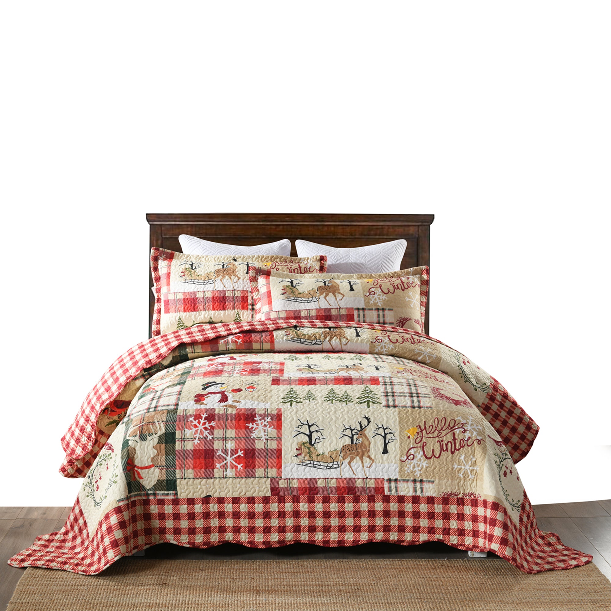 3 Piece Christmas Quilt Set, Rustic Lodge Deer Plaid Bedspread Lightweight BY010