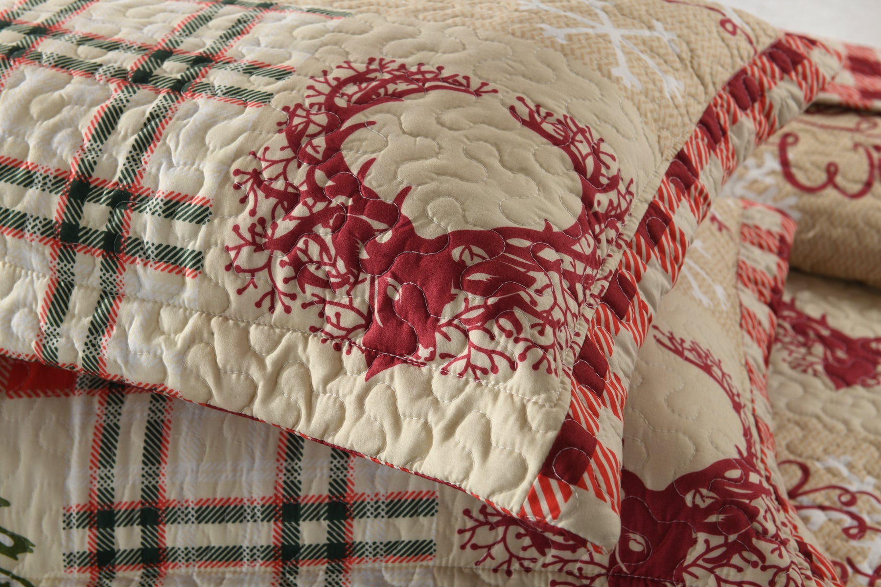 3 Piece Christmas Quilt Set, Rustic Lodge Deer Plaid Bedspread Lightweight BY010