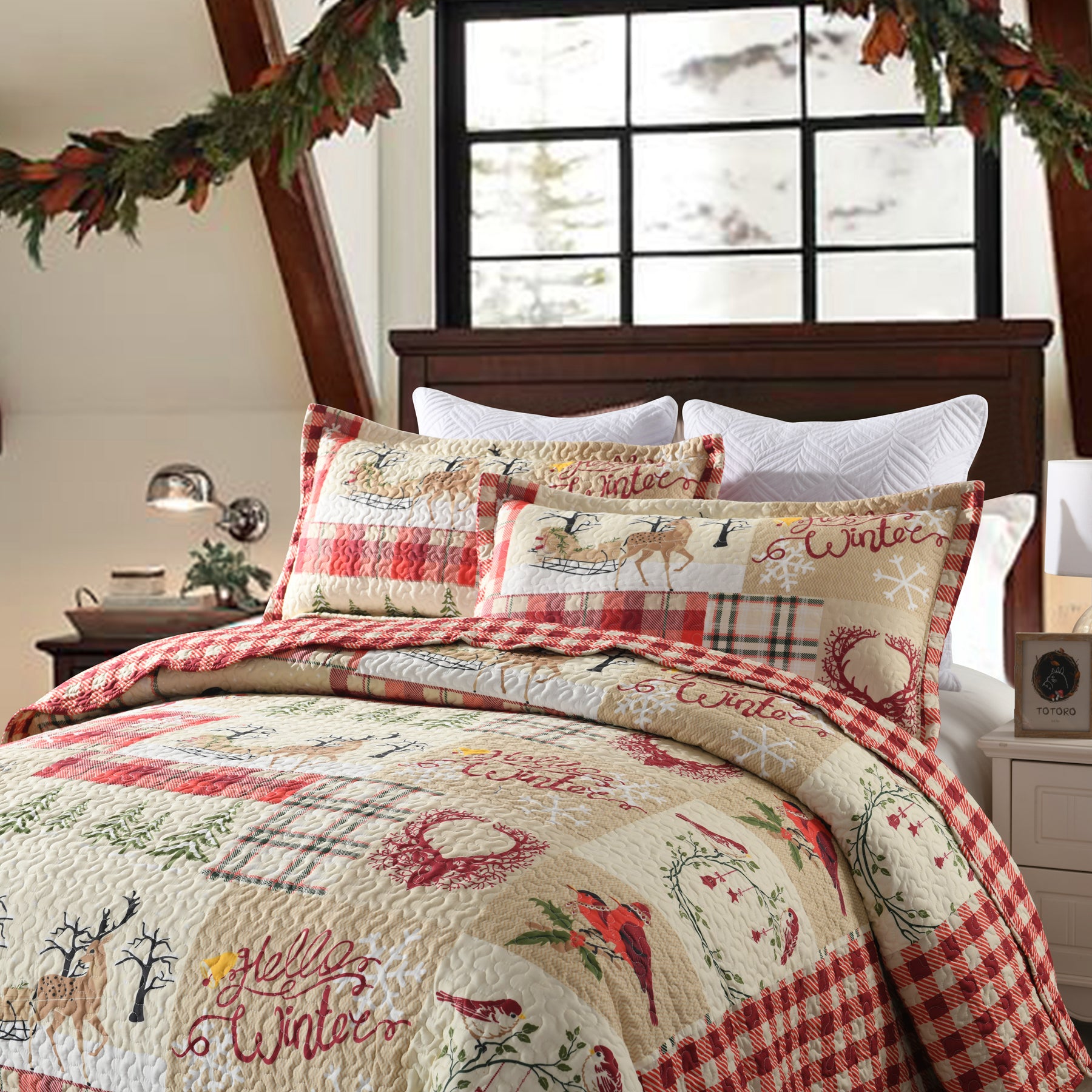3 Piece Christmas Quilt Set, Rustic Lodge Deer Plaid Bedspread Lightweight BY010